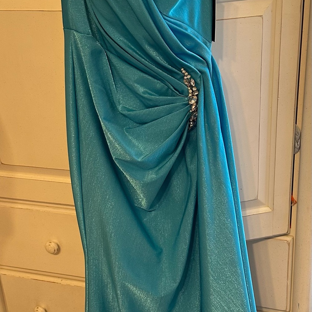 Terani Couture Shimmer Teal Evening Gown with Rhinestone Detail